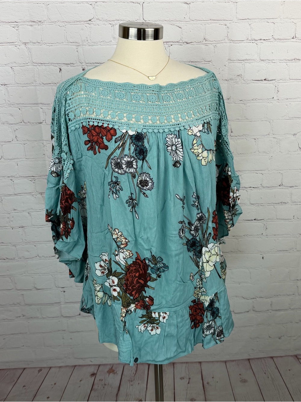 entro Aqua & Rust Floral Crochet Yoke Blouse Medium Cottagecore, Hippie, Boho